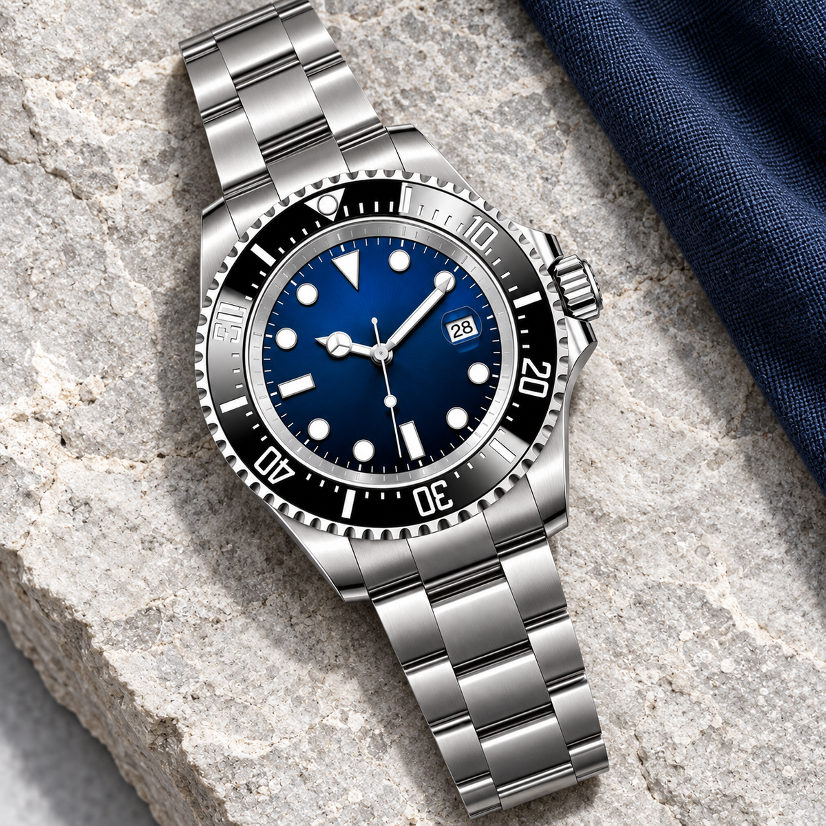 Deep Sea Marine watch laid diagonally on pale limestone