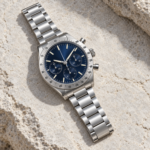 Speedline Abyss Blue chronograph with steel bracelet laid on pale limestone