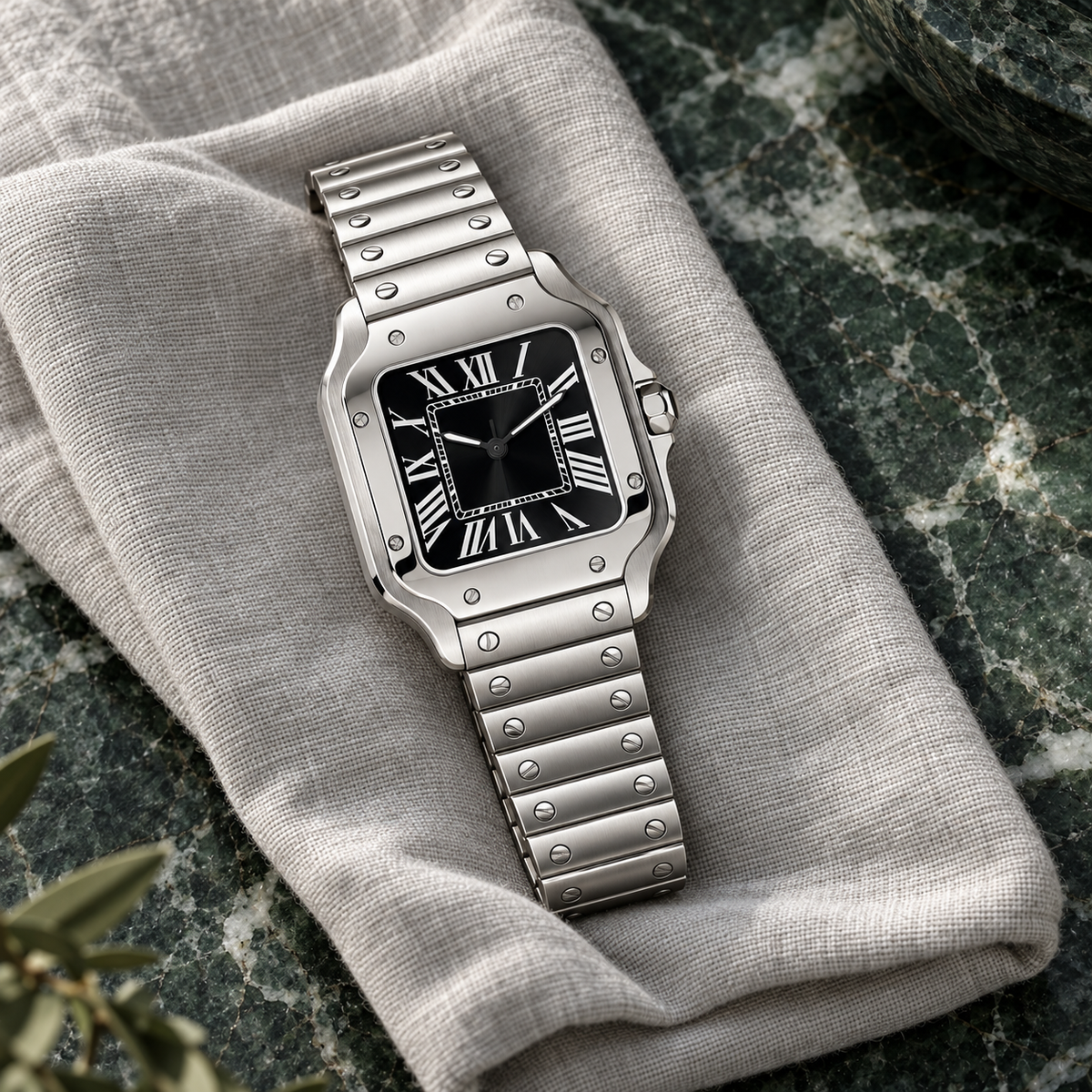 Santé Square Onyx Black black dial steel watch resting on linen and green marble