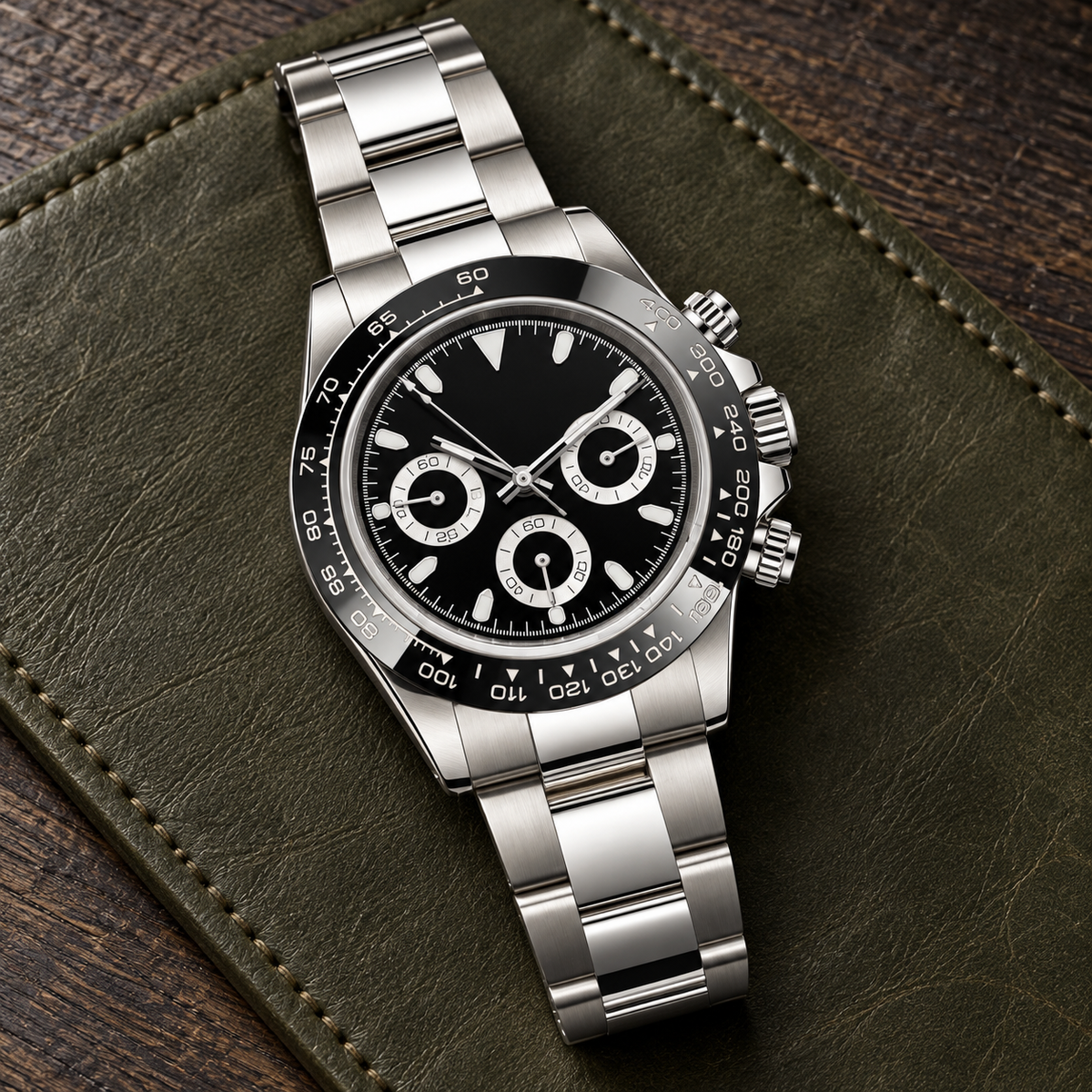 Speedline Chronograph Stealth Black laid face-up on an olive leather watchmaker's mat, showing its three chronograph subdials and steel bracelet.