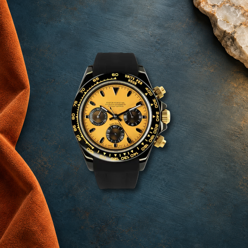 Sahara Racer VK63 chronograph on petrol ceramic and burnt sienna suede