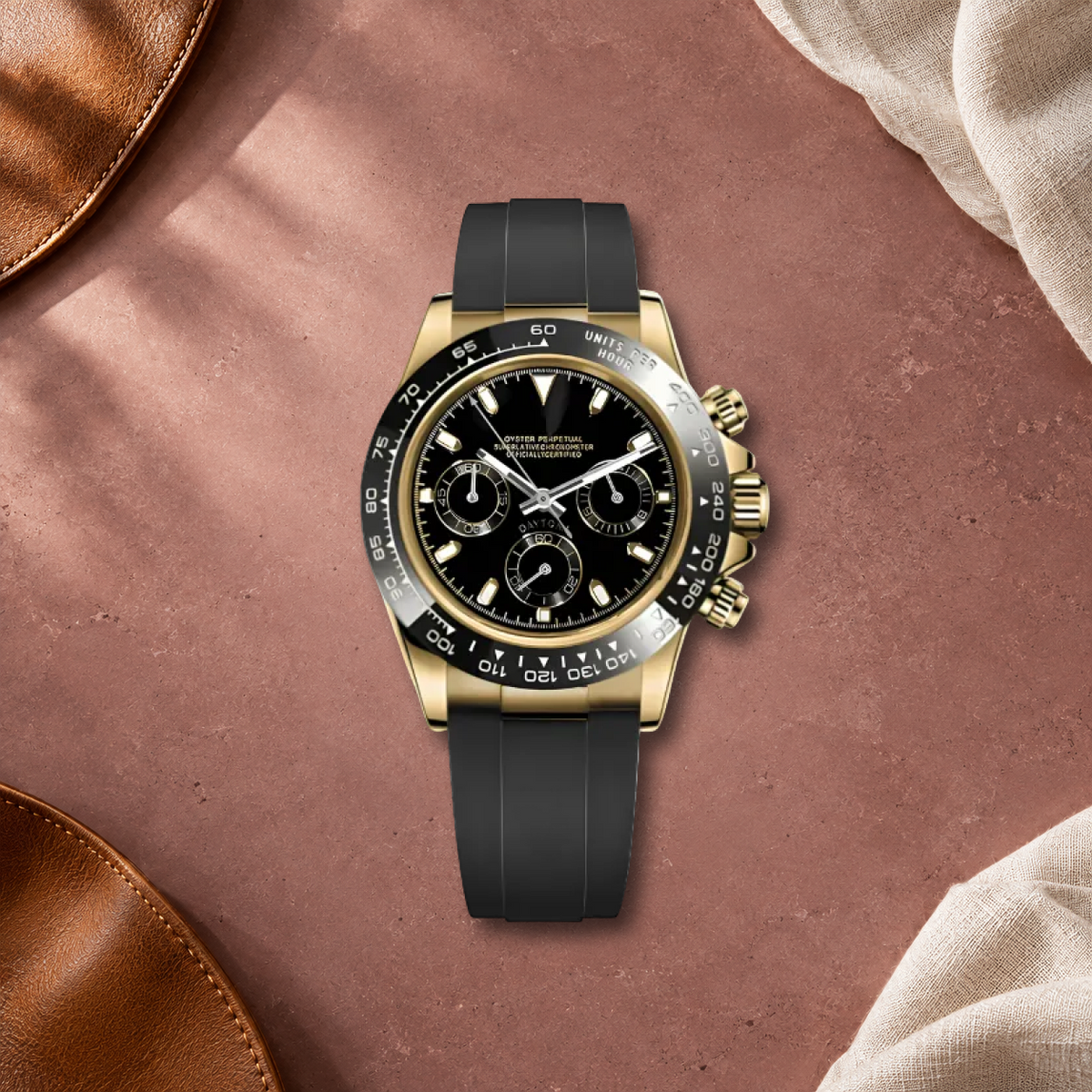 Gold & Black VK63 chronograph on rose stone with tobacco leather