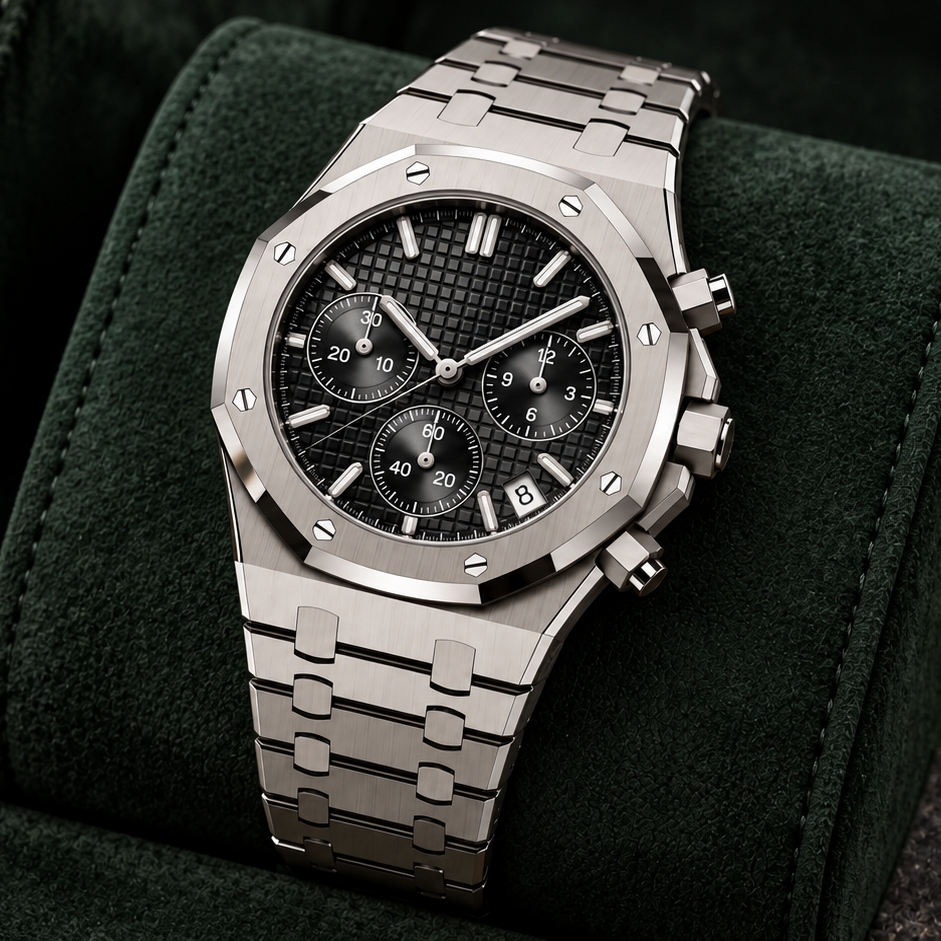 Royal Sportline Stealth Black silver chronograph resting on a forest-green suede cushion