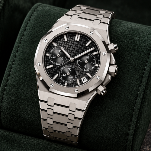Royal Sportline Stealth Black silver chronograph resting on a forest-green suede cushion