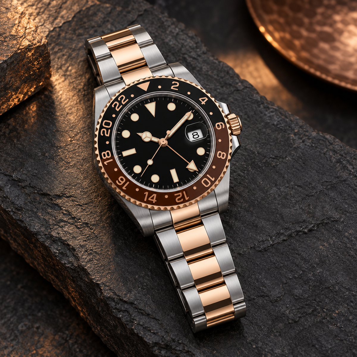 GMT Navigator Brown and Black with Three-Link two-tone bracelet laid on charcoal slate