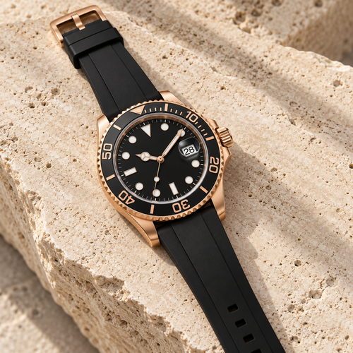 Yachtline Rose Gold Sport black dial watch with black rubber strap laid on travertine