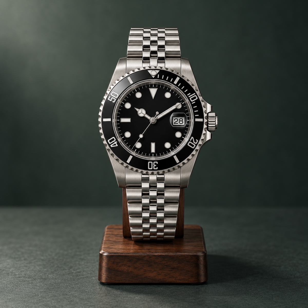 Marine Diver Stealth Black, full Jubilee steel bracelet on a walnut display stand