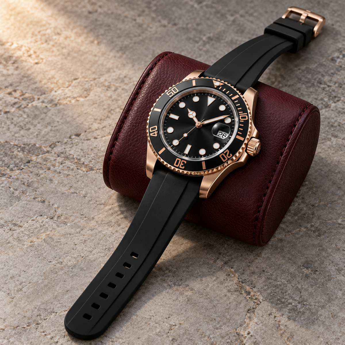 Yachtline Rose Gold Sport rose-gold-tone case and crown side on burgundy leather rest