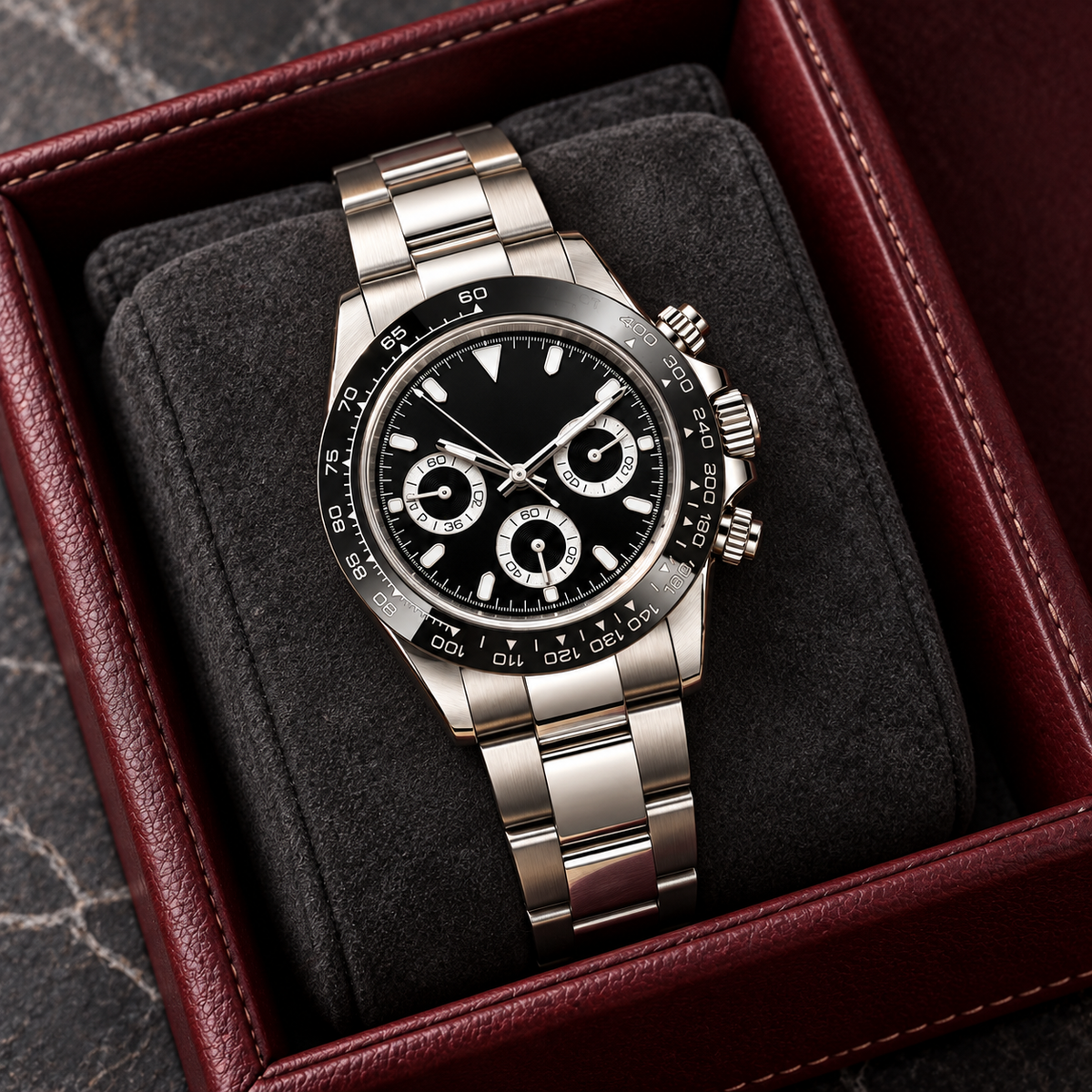 Speedline Chronograph Stealth Black resting on a charcoal watch cushion inside a burgundy leather valet tray, with black dial and steel bracelet.