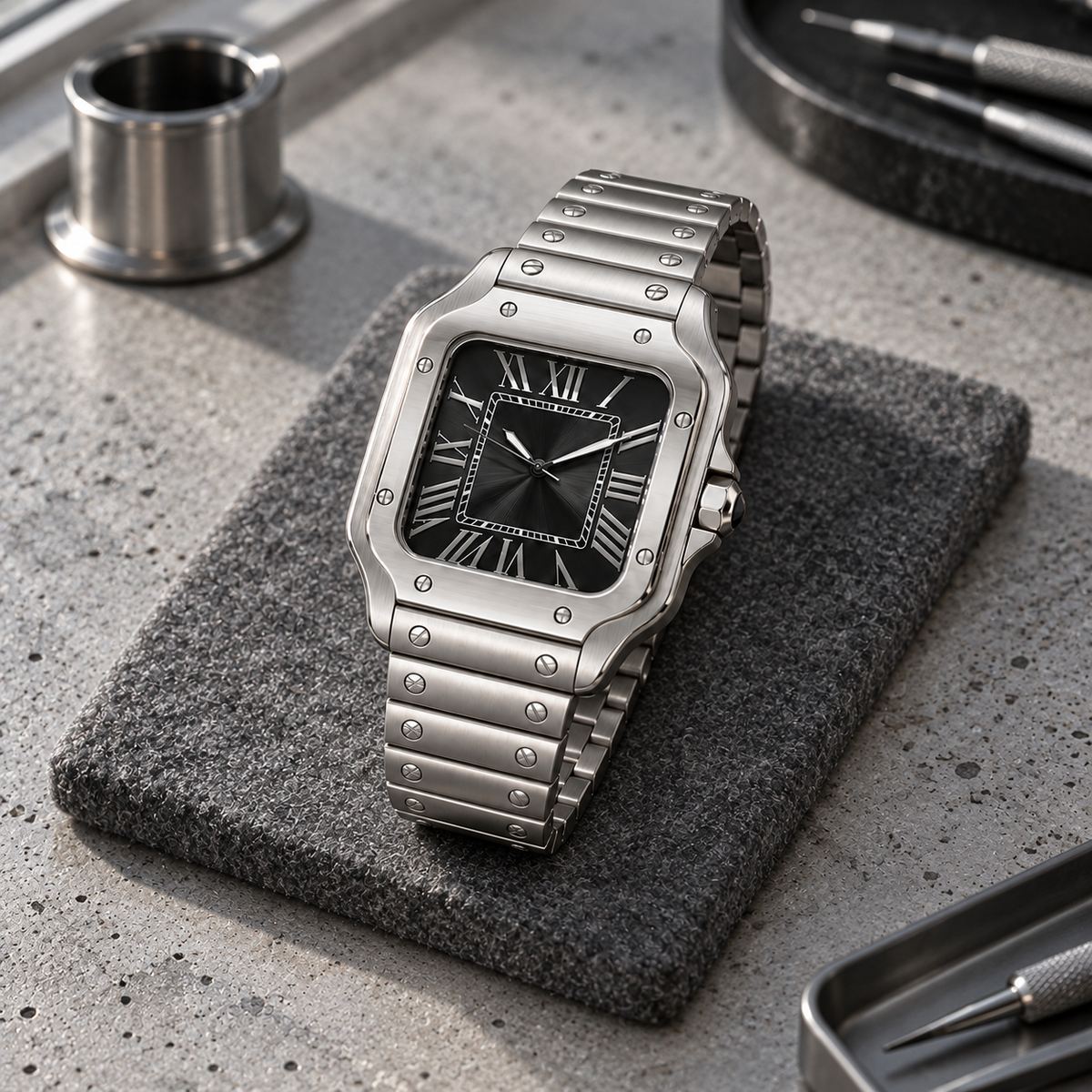 Santé Square Black Burst square steel watch with black dial on charcoal felt pad
