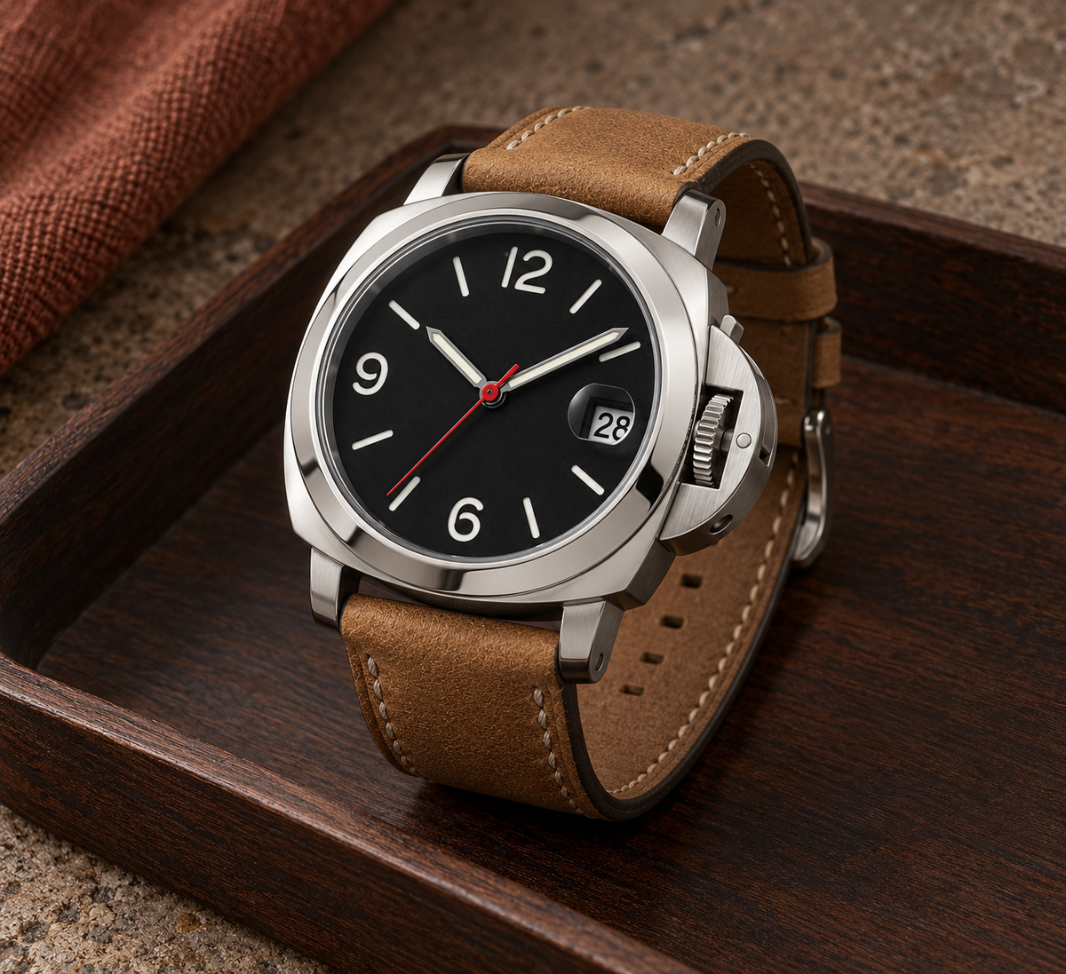 Angled side detail of Cushion Classic Sand watch showing protected crown and tan leather strap