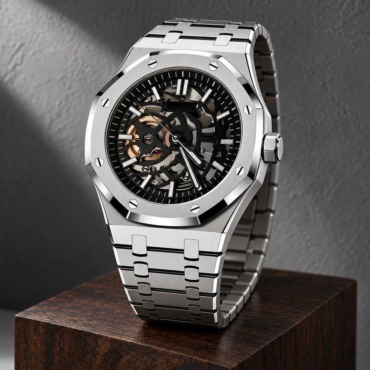 Three-quarter crown-side view of Royal Sportline Skeleton watch on a walnut display block