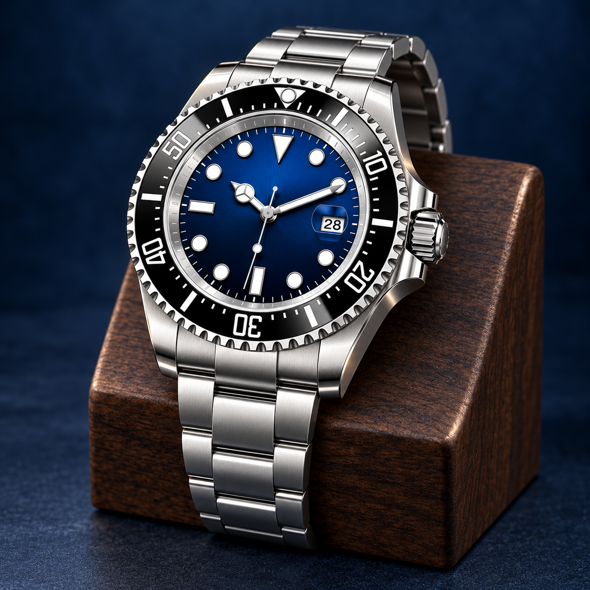 Deep Sea Marine watch crown-side view on walnut stand