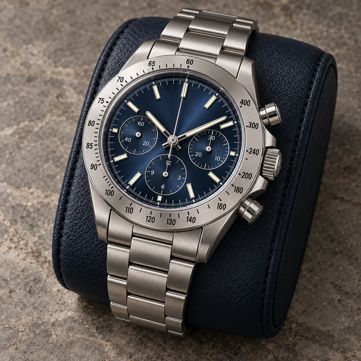 Speedline Abyss Blue chronograph case, crown and pushers on navy watch rest