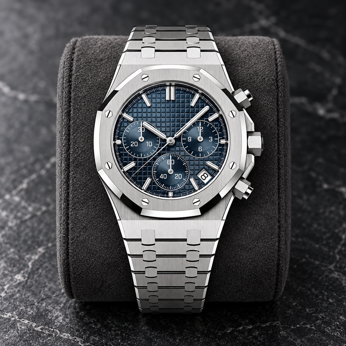 Royal Sportline Chronograph Abyss Blue on a graphite display cushion