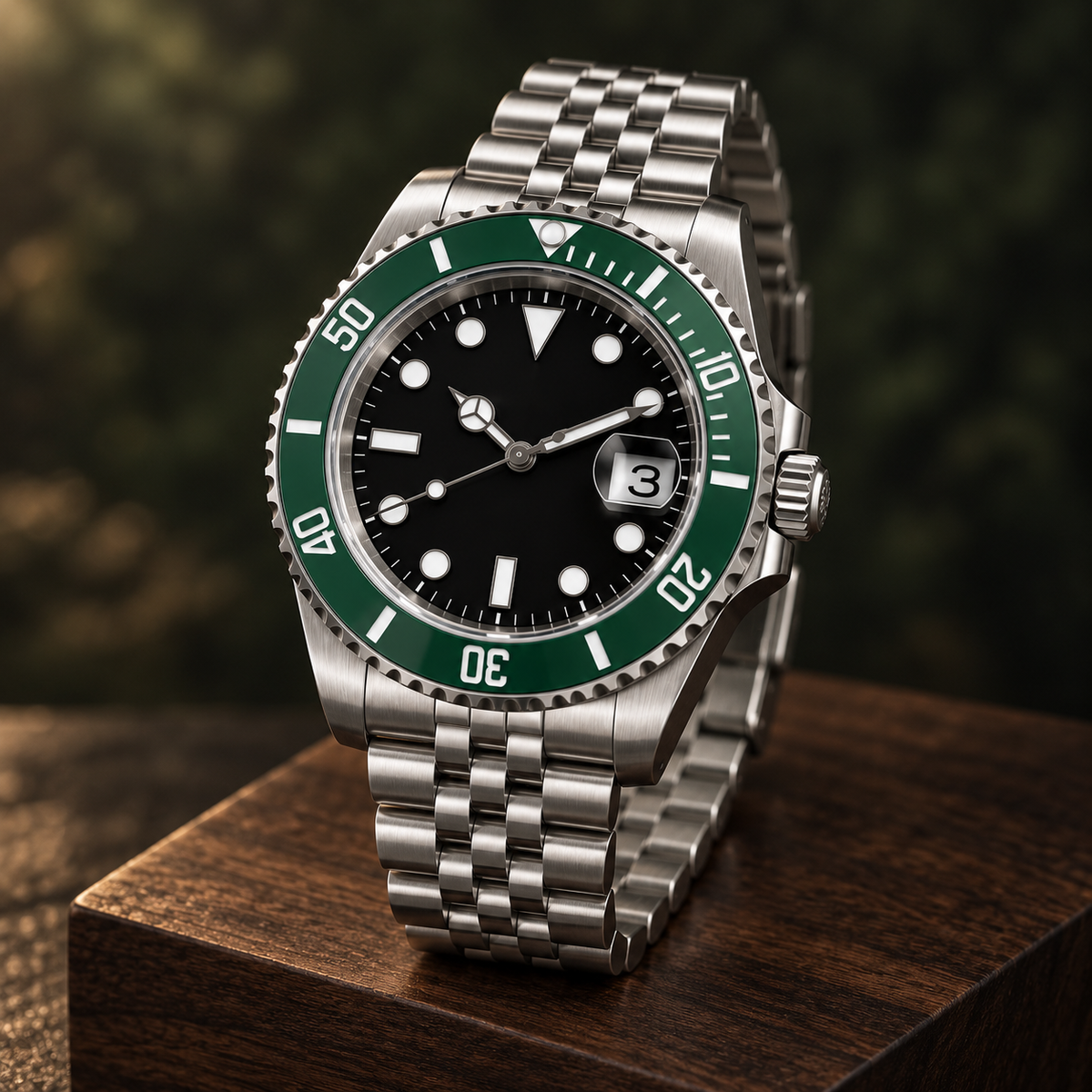 Marine Diver Green Bezel full watch with Jubilee steel bracelet on walnut stand