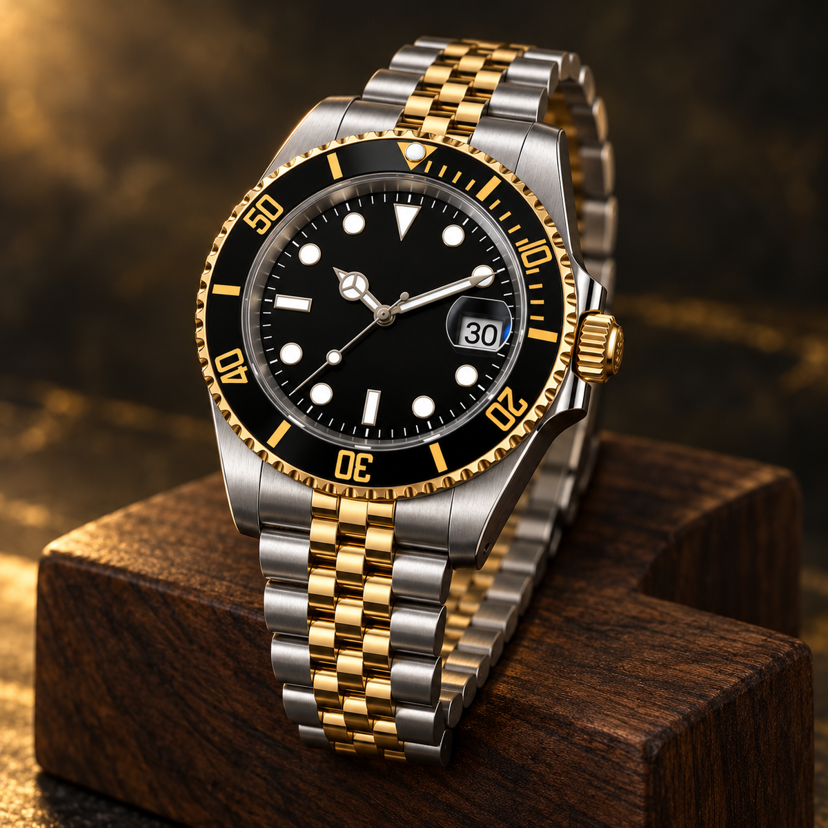 Marine Diver Imperial Gold full watch with gold-center Jubilee bracelet on walnut stand