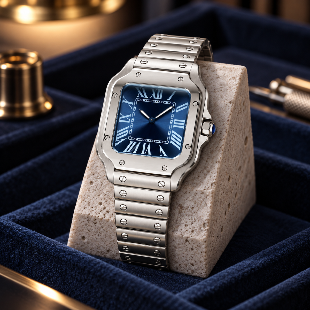 Santé Square Blue Burst watch on pale limestone display in indigo velvet tray