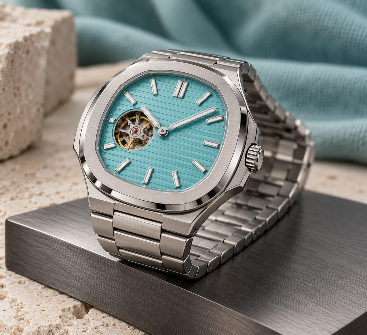 Crown-side profile of Open Heart Nautiko Aqua showing integrated steel bracelet and open-heart dial