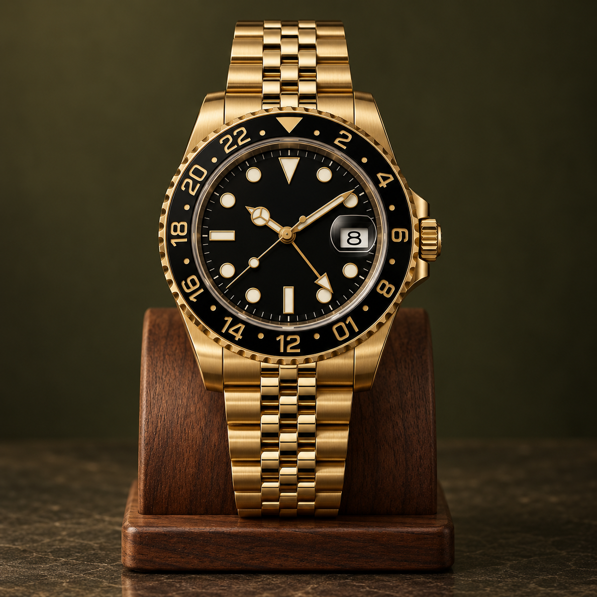 GMT Navigator Imperial Gold full watch with gold Jubilee bracelet on walnut stand, date showing 8