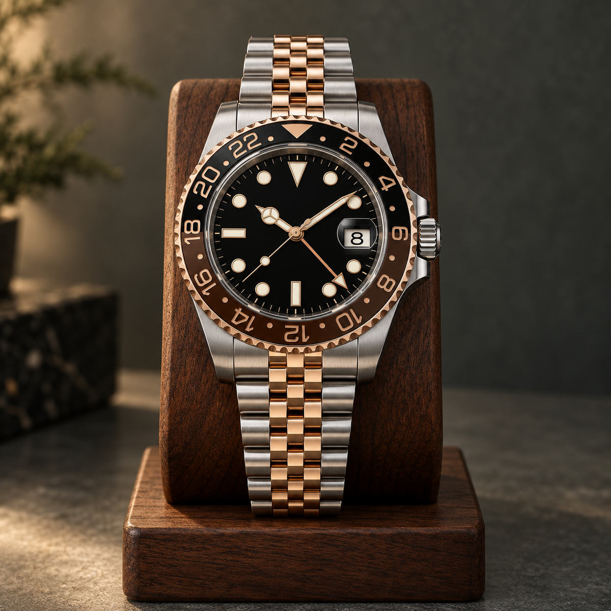 GMT Navigator Brown and Black full watch with two-tone Jubilee bracelet on walnut stand, date showing 8