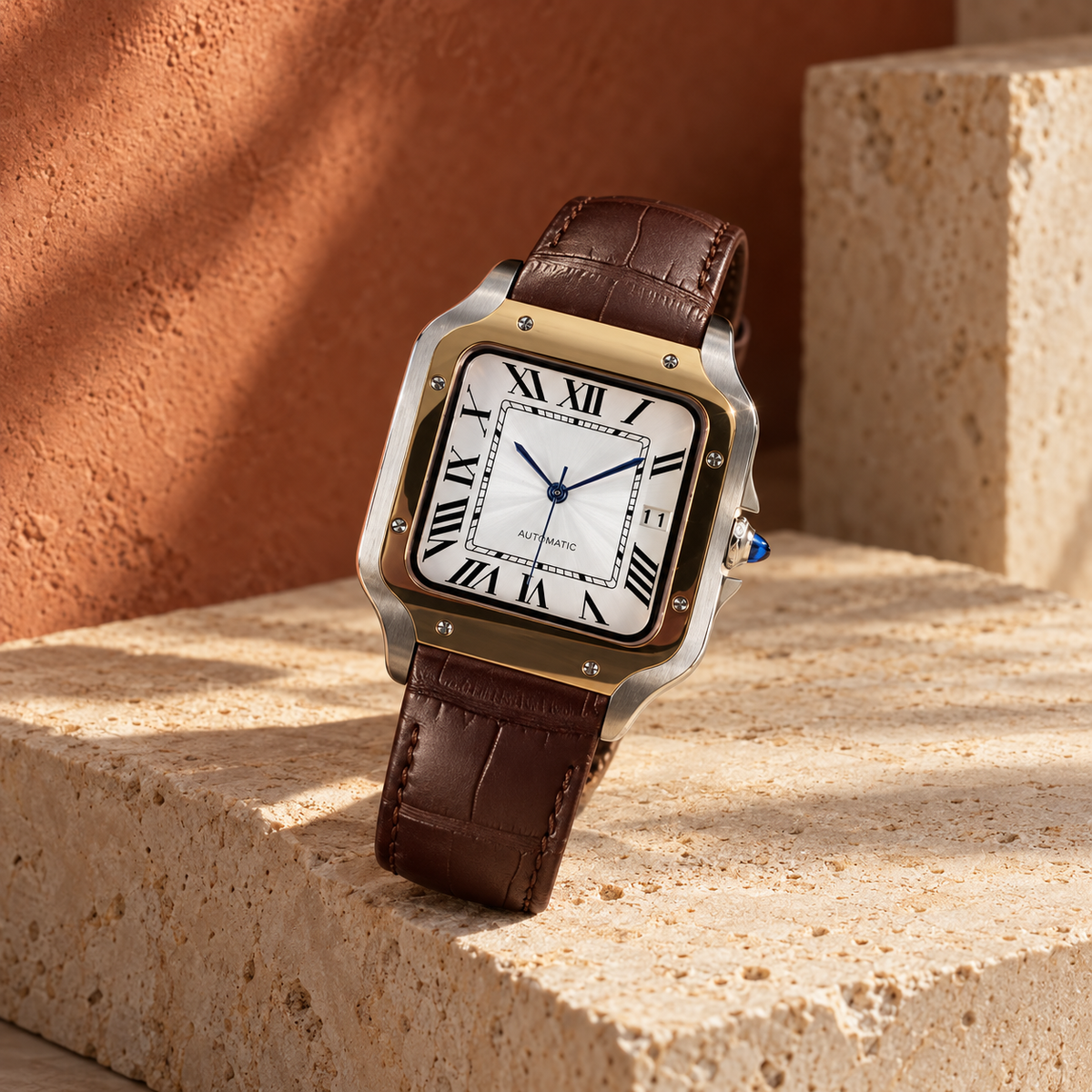 Santé Square Two-Tone Gold & Brown watch supported on limestone against a terracotta backdrop, with blue crown and brown leather strap visible.