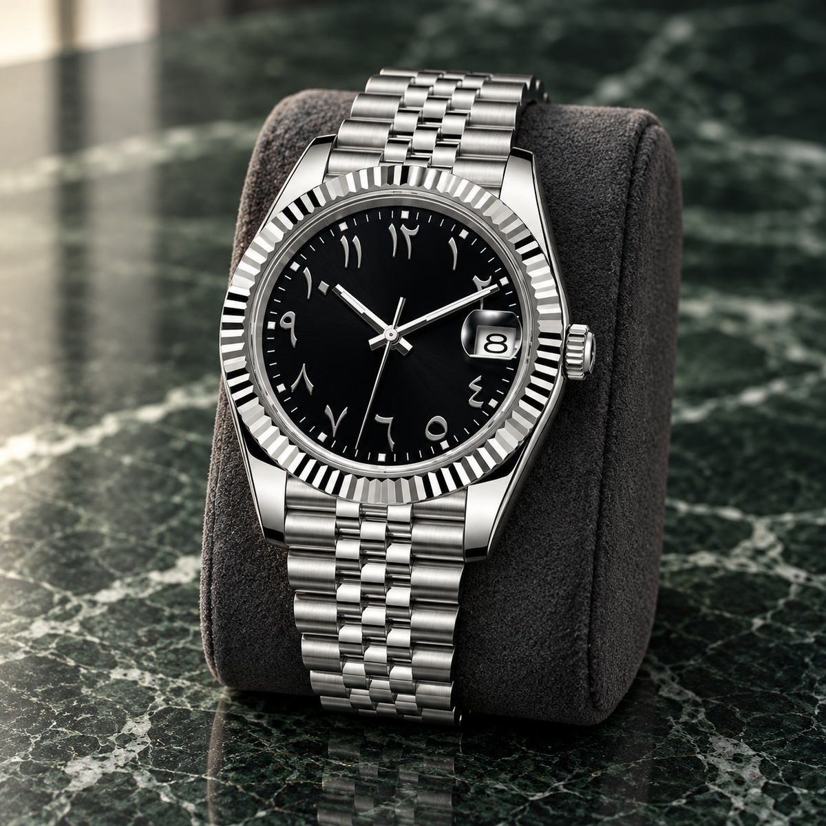 Crownline Date Arabic Stealth Black supported on a navy suede cushion over limestone, showing its fluted bezel and date magnifier.