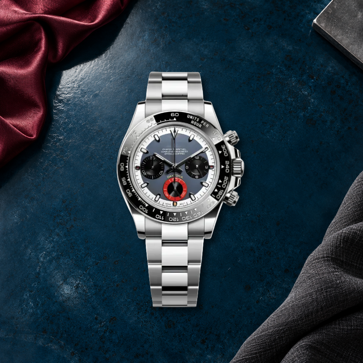 Redline Racer VK63 chronograph on petrol blue ceramic with burgundy and charcoal linen