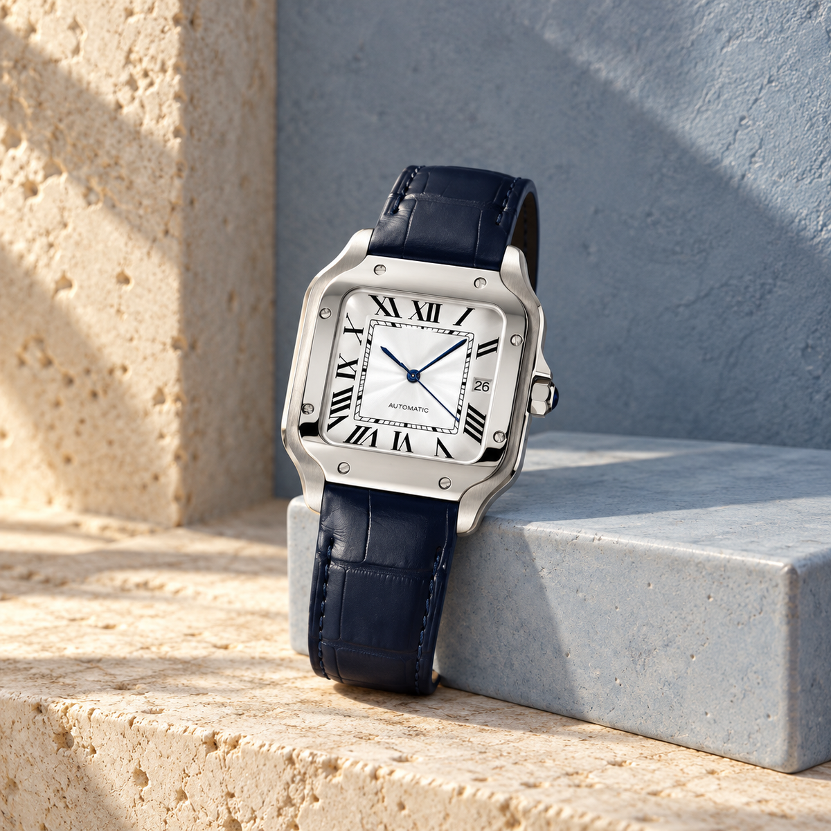 Santé Square Classic White & Blue Leather watch supported on a pale blue-gray porcelain plinth with its silver crown and navy leather strap visible.