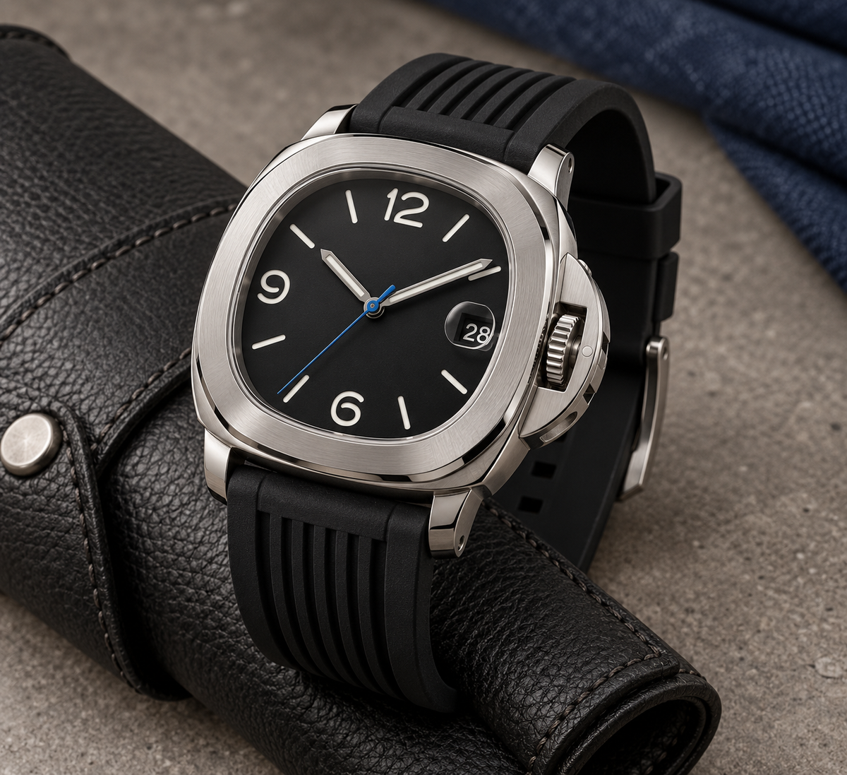 Crown-side profile of Cushion Classic Stealth Black showing protected crown and rubber strap