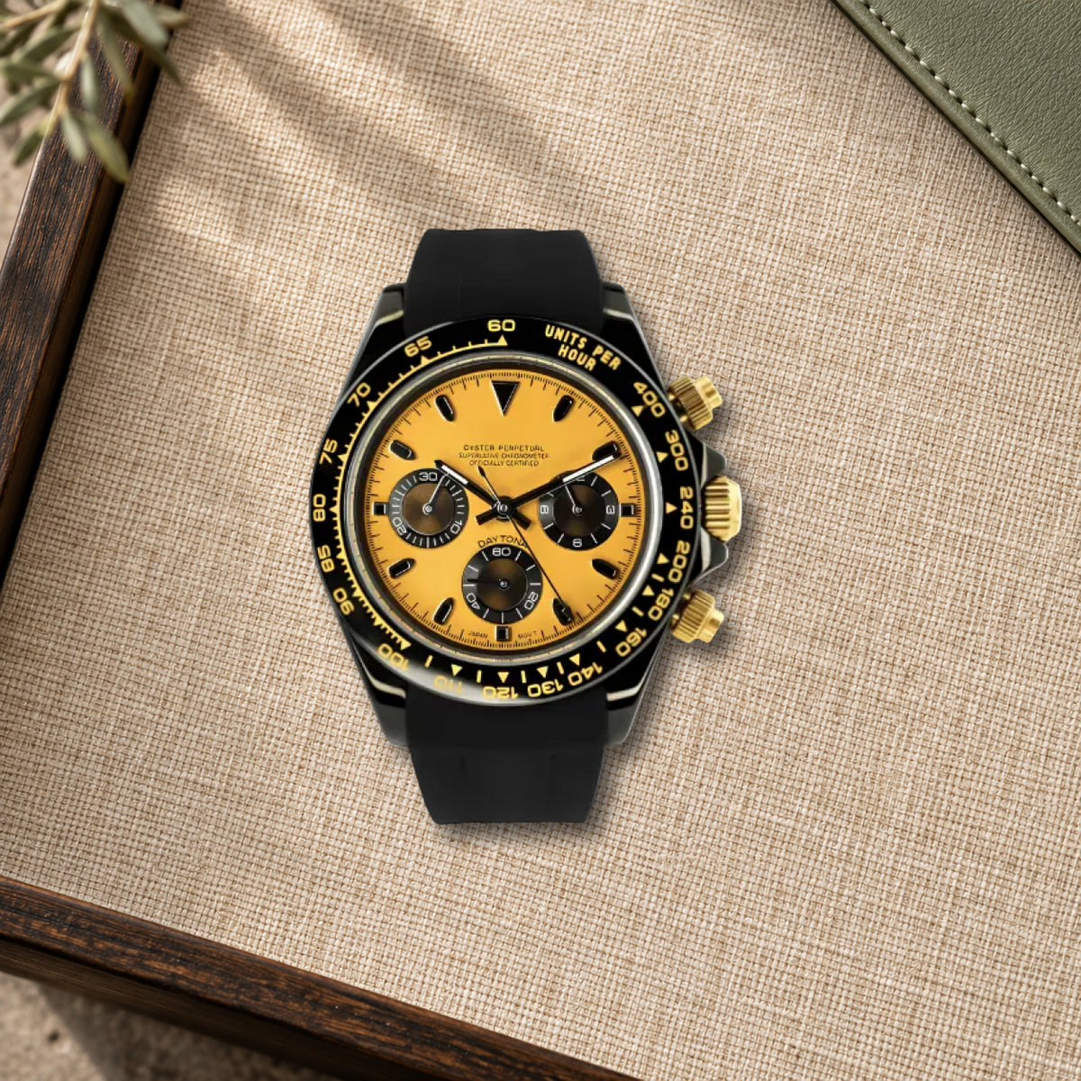 Sahara Racer VK63 chronograph on sand linen and walnut
