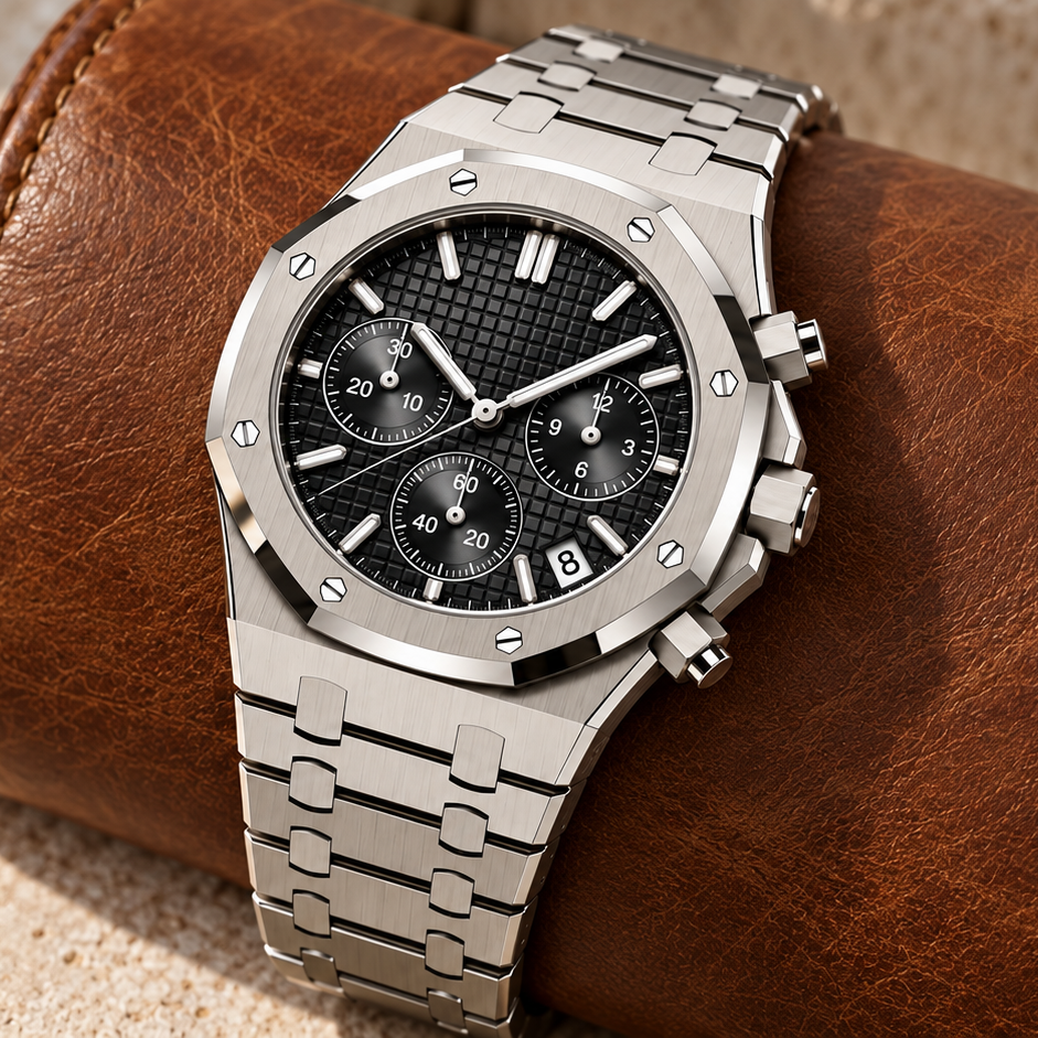 Royal Sportline Stealth Black chronograph crown and pushers detail on cognac leather and pale limestone