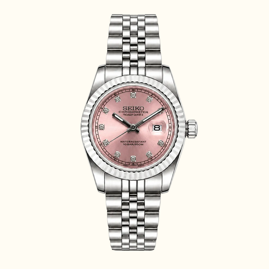 Lady Crownline – Pink Crystal by CrownLab: soft pink dial with crystal hour markers on a steel bracelet