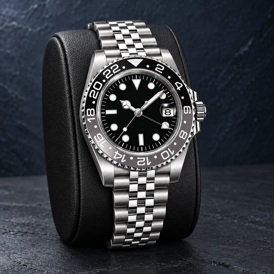 GMT Navigator Grey & Black with Jubilee bracelet, logo-free dial on charcoal leather stand