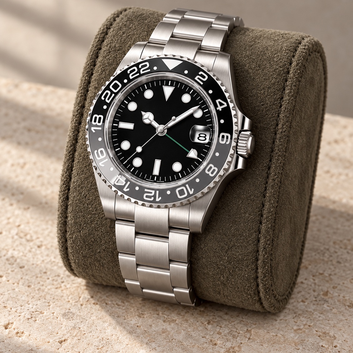 GMT Navigator Grey & Black with Three-Link bracelet on olive suede cushion