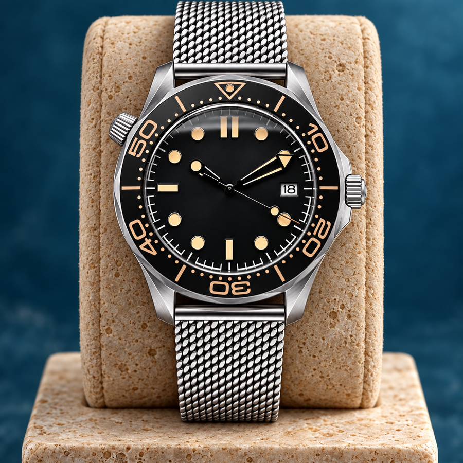 Oceanline Diver Abyss Black, black dial and gold-marked bezel on a pale stone watch stand against deep teal