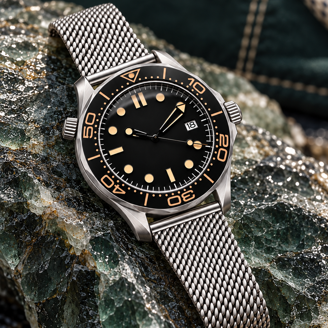 Oceanline Diver Abyss Black crown-side detail on dark sea-glass stone