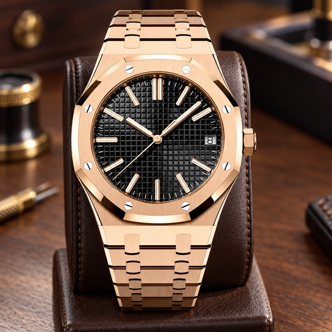 Royal Sportline rose-gold watch with black grid dial displayed on a dark walnut leather stand