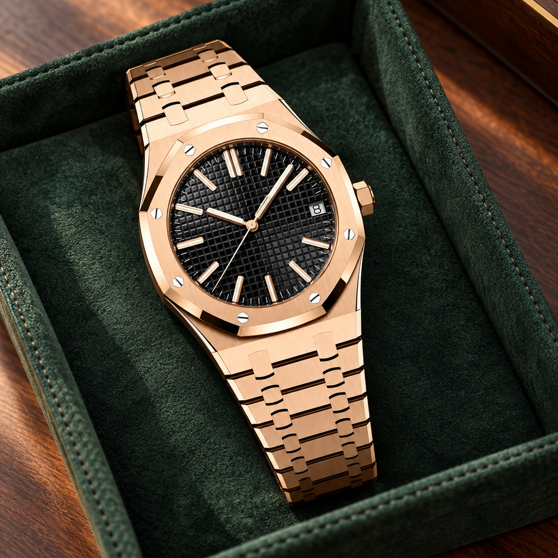 Royal Sportline rose-gold integrated-bracelet watch resting in a forest-green suede valet tray