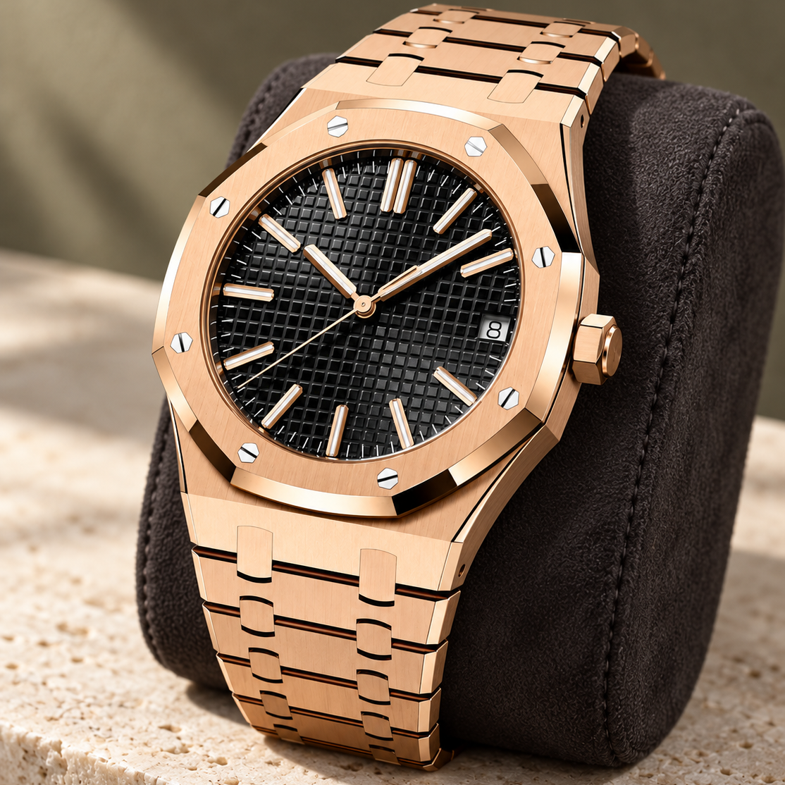 Royal Sportline rose-gold watch crown and integrated bracelet detail on limestone