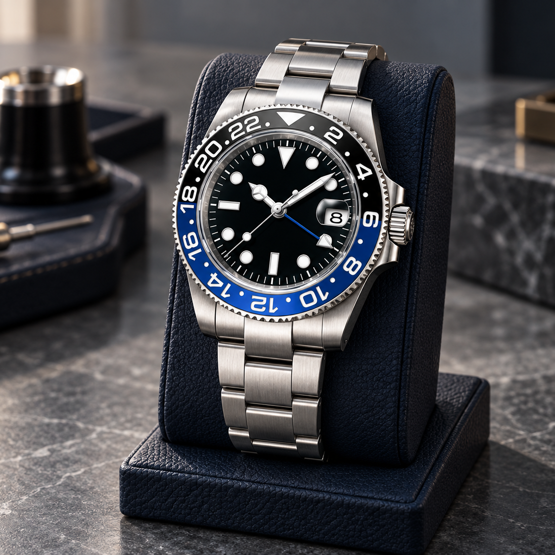 GMT Navigator blue-black bezel watch with three-link steel bracelet on a navy leather stand