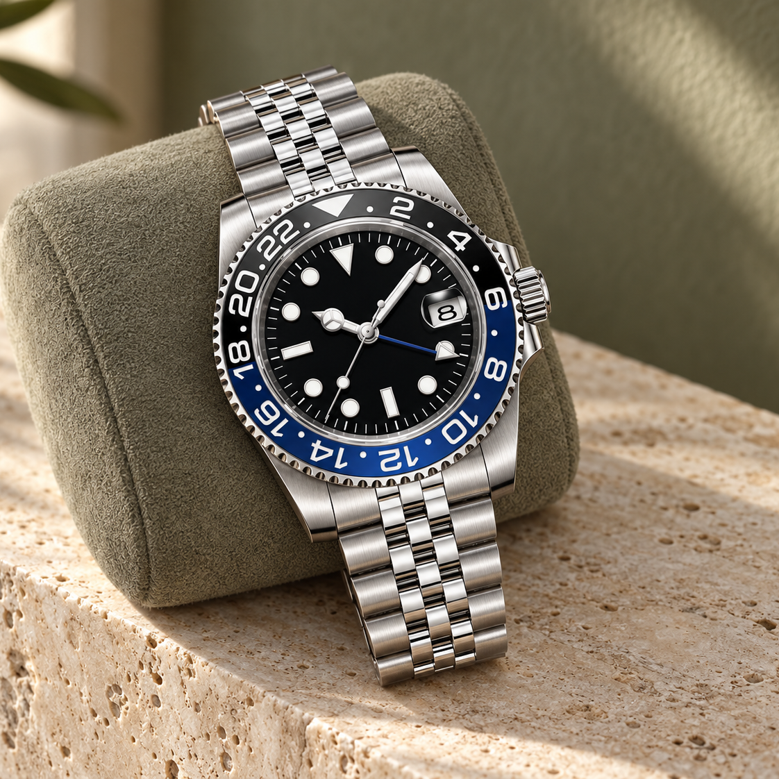 GMT Navigator blue-black bezel watch with Jubilee steel bracelet on an olive suede cushion