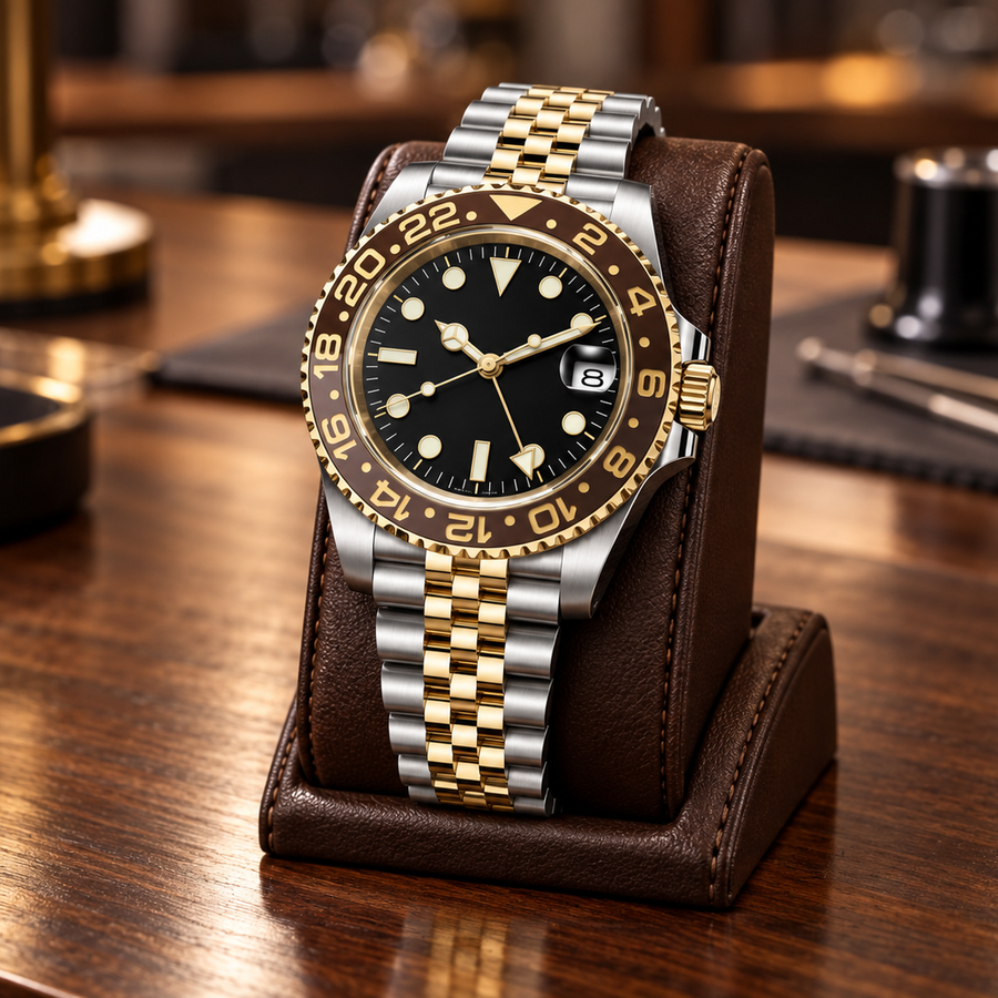 GMT Navigator Imperial Gold Two-Tone with Jubilee bracelet on a walnut-brown leather display stand
