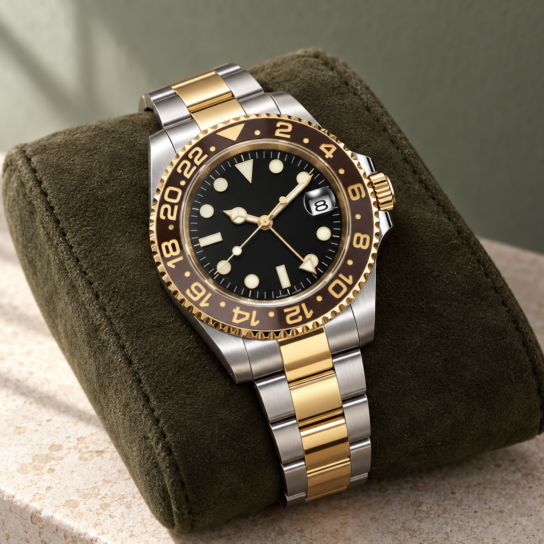 GMT Navigator Imperial Gold Two-Tone with Three-Link bracelet on an olive suede cushion over limestone