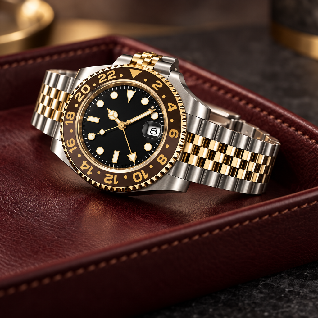 GMT Navigator Imperial Gold Two-Tone with Jubilee bracelet resting in a burgundy leather valet tray