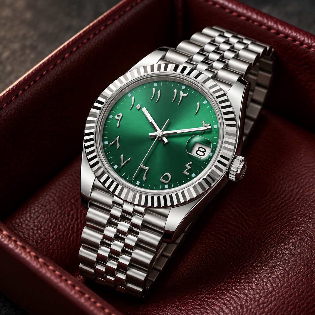 Crownline Date Arabic Emerald Green with Jubilee bracelet resting in a burgundy leather valet tray