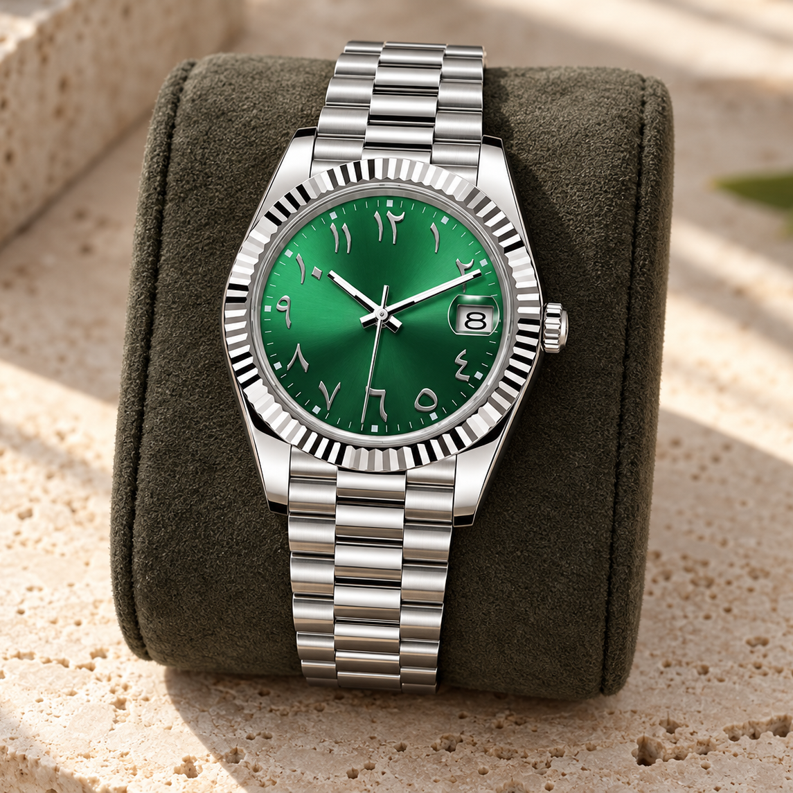 Crownline Date Arabic Emerald Green with Five-Links bracelet on an olive suede cushion