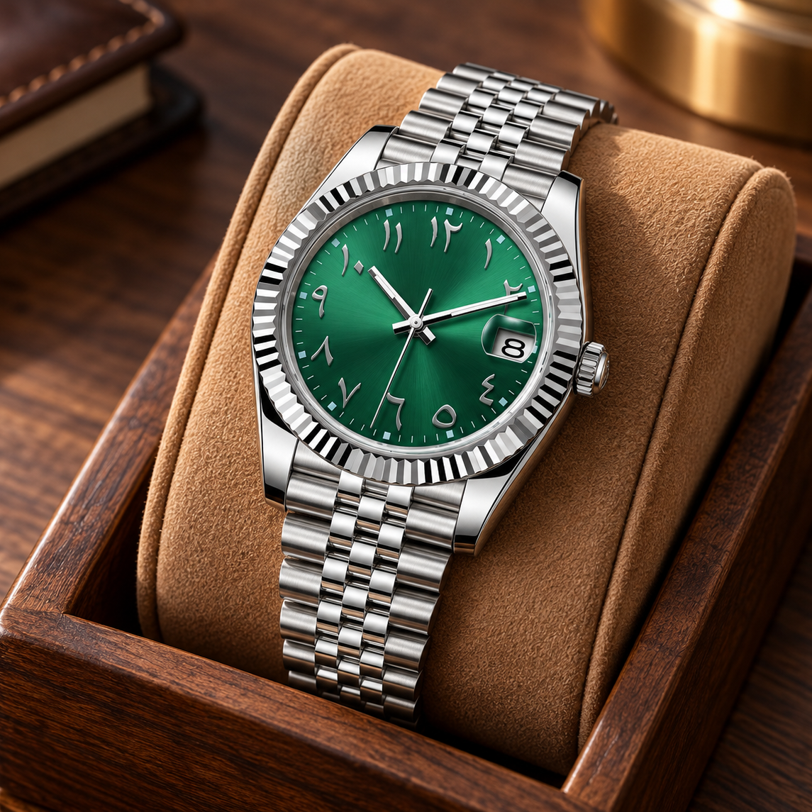 Crownline Date Arabic Emerald Green with Jubilee bracelet on a tan leather display cushion in a walnut box