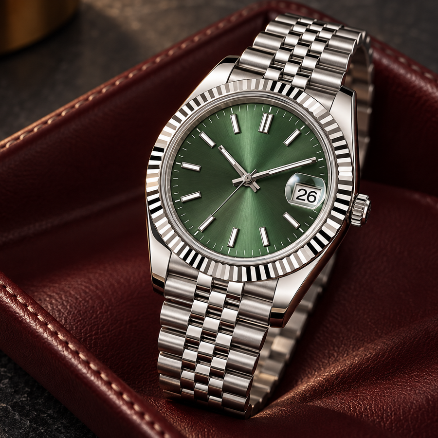 Crownline Date Mint Green with Jubilee bracelet in a burgundy leather valet tray