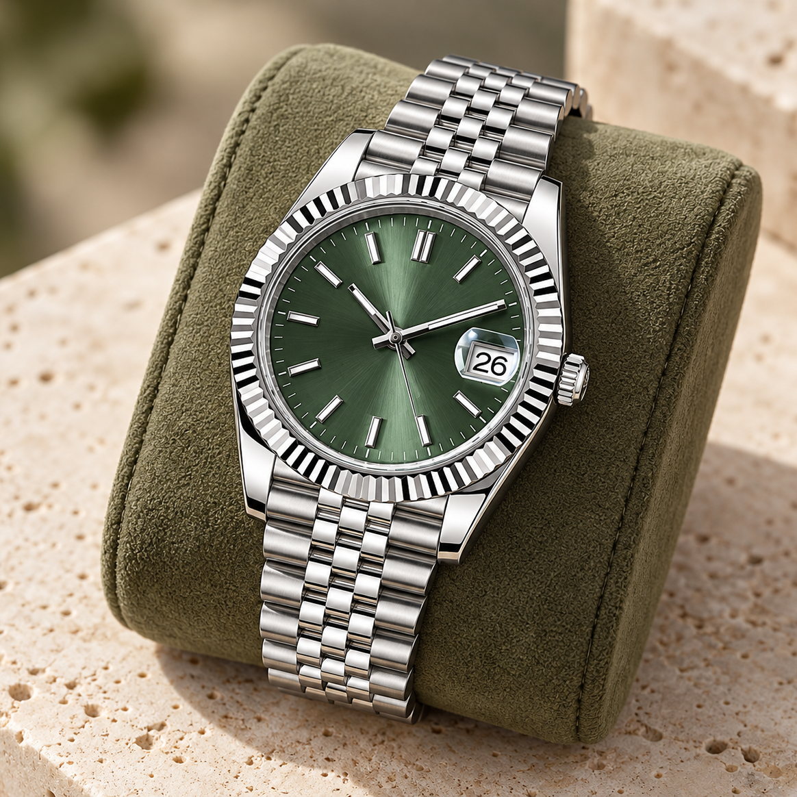 Crownline Date Mint Green with Jubilee bracelet on an olive suede cushion